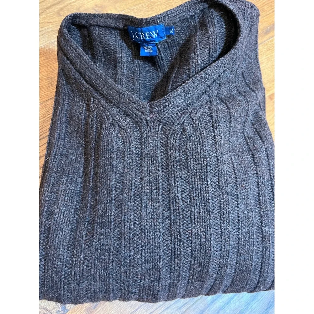 J. Crew‎ Mens XL V-Neck Sweater 100% Wool Ribbed Knit Charcoal Brown Marl